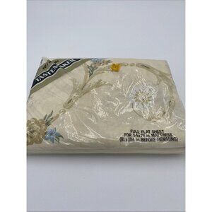 Vintage Tastemaker Flat Sheet Full Size Beige Blue Floral Made in USA NEW NOS